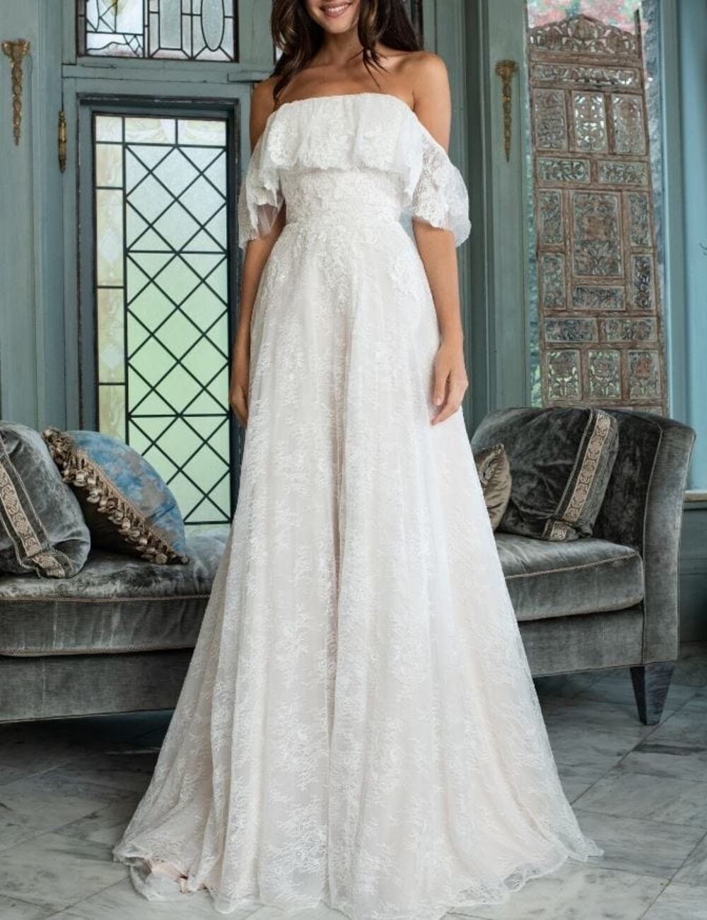 Theia Imelda Ivory Chantilly Lace Off Shoulder Embellished Bridal Gown 0
